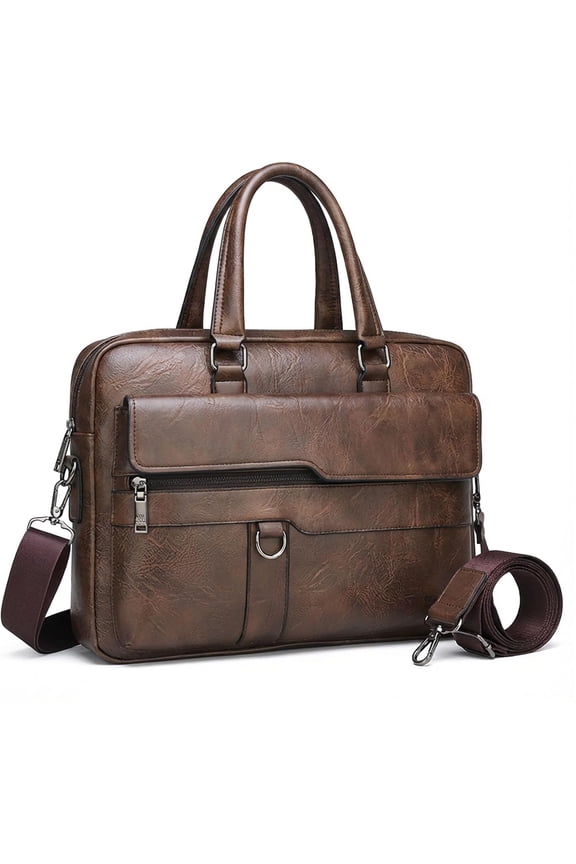 Classic Leather Handbag Briefcase for Men, Business Shoulder Messenger Bag Laptop Attache Case, Fits 15.7 Inch
