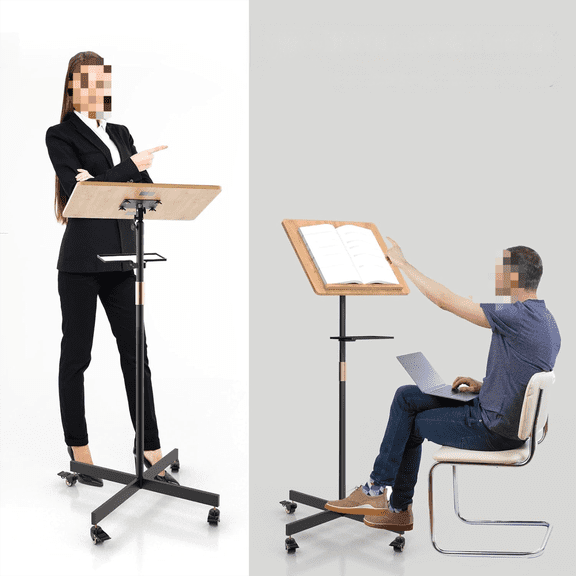 Classic Lectern Podium Stand with Storage Platform, Height Adjustable Mobile Podium, Teacher Speaker Lecture Classroom Presentation Stand, Multi-Function Reading or Laptop Desk with Edge Stopper