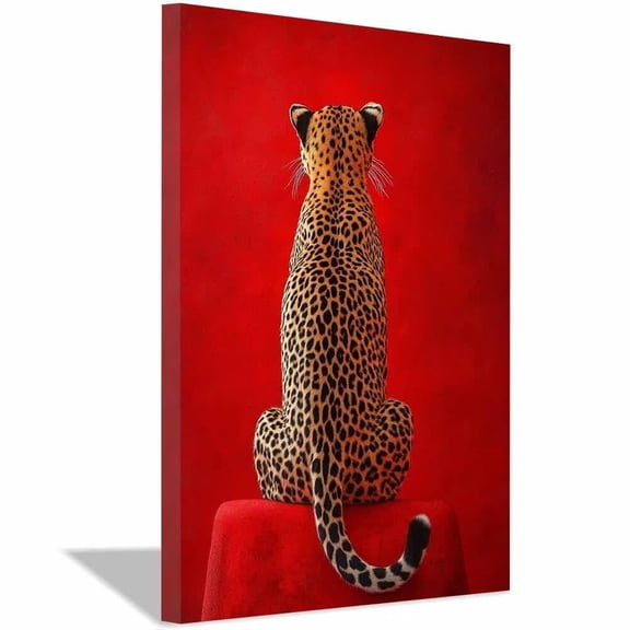 Classic Leopard Back View Solid Bold Red Textured Background Canvas Wall Art,Minimal Modern Wildlife Picture for Entryway Studio Ready to Hang-12"L x 8"W