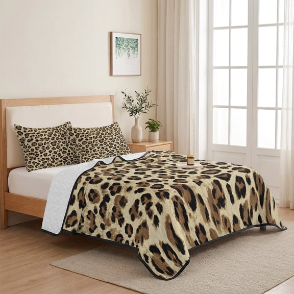Classic Leopard Print 3 Pieces Quilt Set,1 Quilt with 2 Shams,African Animal Print Texture Bedspread Soft Lightweight Bedding Coverlet Comforter Set for All Season 68"x98"
