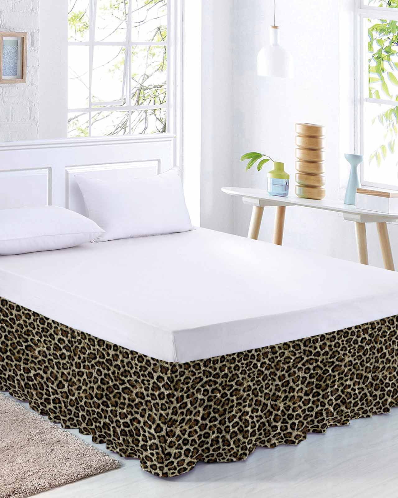 Classic Leopard Print Bed Skirt King Size 18 Inch Drop, Retro Brown Black Animal Fur Texture Adjustable Elastic Dust Ruffles Bedskirt for King Bed Wrap Around Pleated Mattress Frame Cover