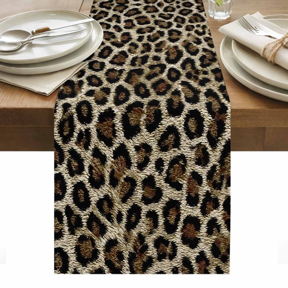 Classic Leopard Print Cotton Linen Table Runner Retro Brown Black Animal Fur Texture Dining Table Runners for Home Decor Party Dining Room Restaurant Kitchen Party 13" x 36"