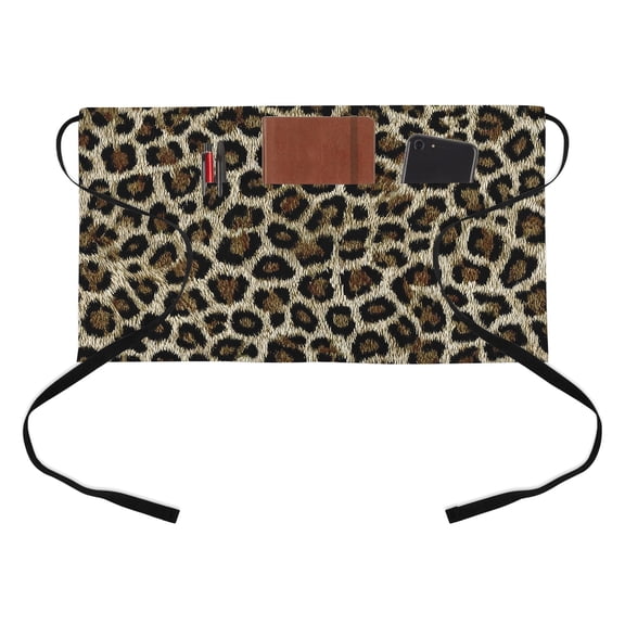 Classic Leopard Print Half Waist Apron Retro Brown Black Animal Fur Texture Short Waiter Aprons with 3 Pockets for Women Men Kitchen Restaurant Cooking