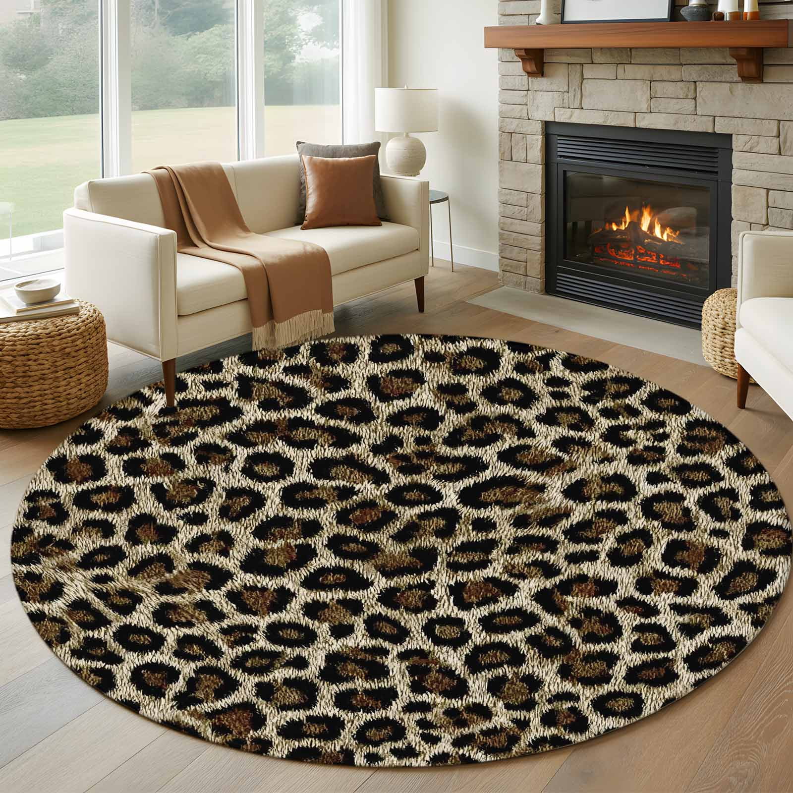Classic Leopard Print Round Rugs for Living Room 7ft Retro Brown Black ...