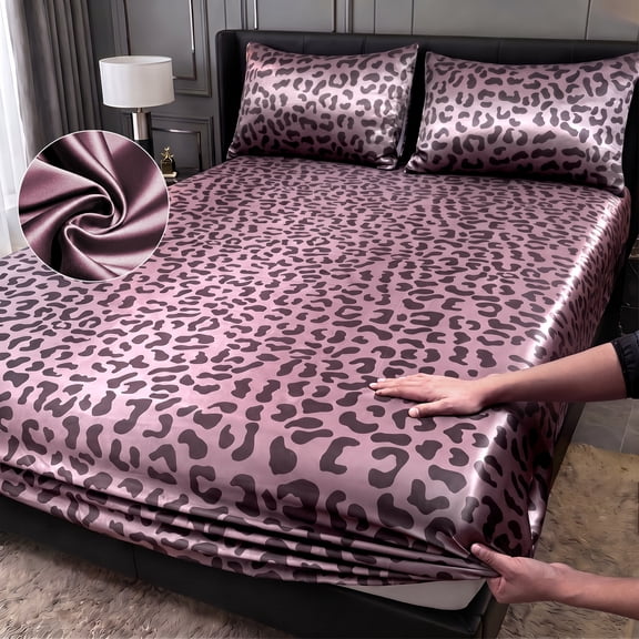 Classic Leopard Print Satin Fitted Sheet Set, Fashionable Soft And Comfortable DeepPocket Breathable Bedding (Pink,Twin)