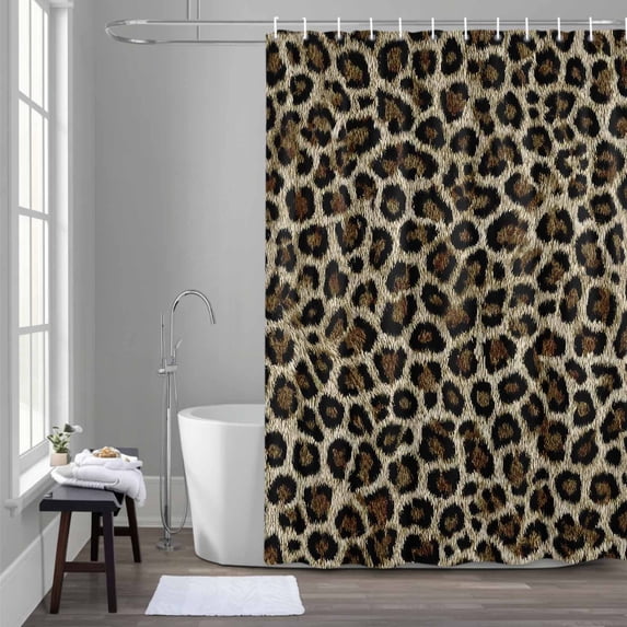 Classic Leopard Print Shower Curtain for Bathroom Decor, Retro Brown Black Animal Fur Texture Waterproof Fabric Shower Curtain, 36"x72" Set with 12 Hooks