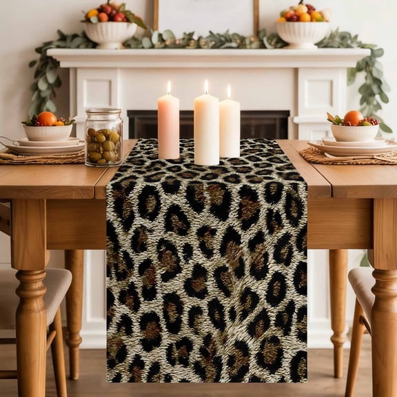 Classic Leopard Print Table Runner, Retro Brown Black Animal Fur Texture Cotton Linen Kitchen Table Decoration Washable Dining Tabletop Runners for Home Party Decor 13x36 Inches
