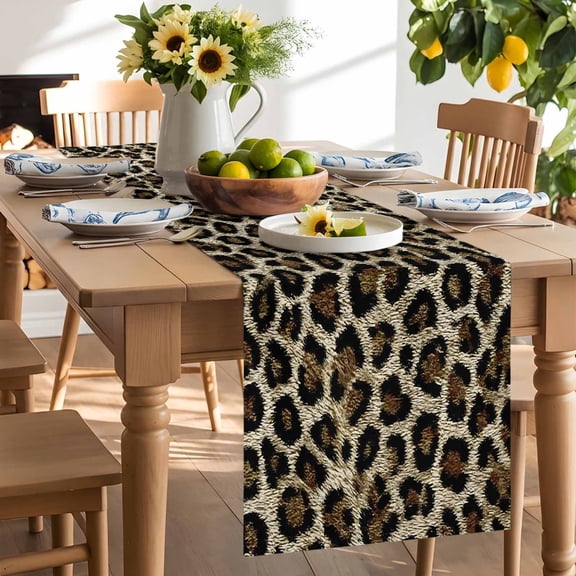 Classic Leopard Print Table Runner, Retro Brown Black Animal Fur Texture Washable Kitchen Table Runners Dress Scarves for Dining Table Decorations Party/Restaurant/Indoor Outdoor Use, 13x36in