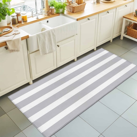Classic Light Grey and White Stripes Rectangle Area Rug 2x6ft,Living Room Rug Non-Slip Washable Circle Rugs Pad,Modern Lines Soft Floor Carpet for Bedroom Dining Room