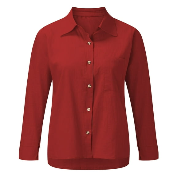Classic Linen Cotton Shirt for Women Soft Button Down Top Everyday Essential Red M