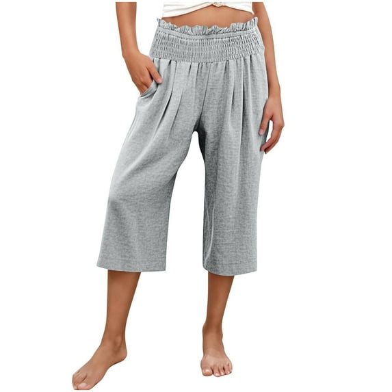 Classic Linen Pants Cotton Linen 3/4 Length Relaxed-Fit Pant with Pockets Summer Casual Breathable Palazzo High Waisted Elasticated Joggers for Sports Running