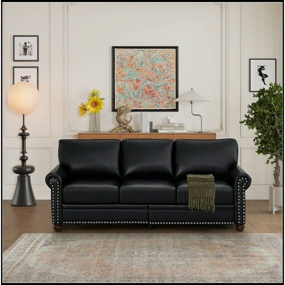 Classic Living Room Nails Sofa Black Faux Leather