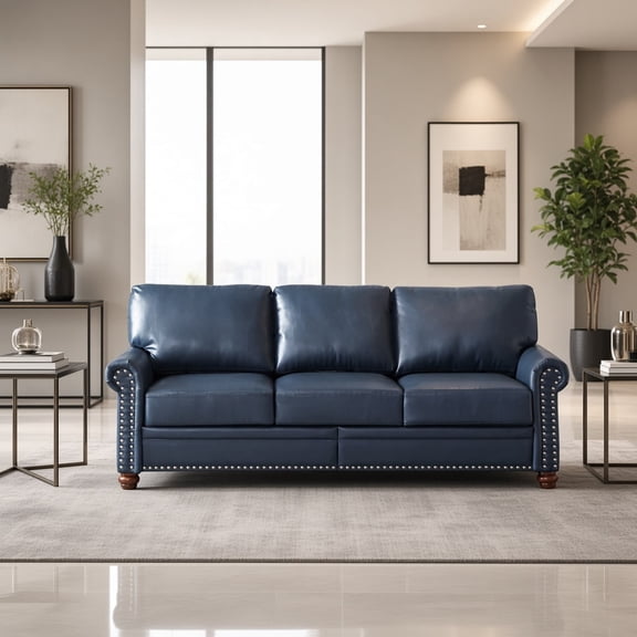 Classic Living Room Round Arm Sofa, 3-Seater Faux Leather Couch with Silver Nailhead Trim, Comfy Sofa with Storage, for Living Room Apartment Office, Navy Blue
