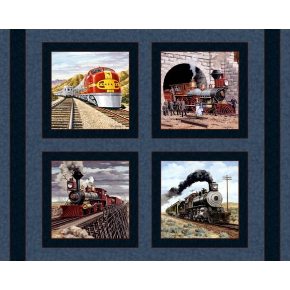 Classic Locomotives 45" Wide Cotton Pillow Panel Fabric