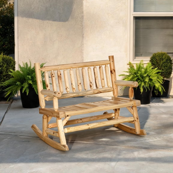 Classic Log Farmhouse 2-Person Rocking Loveseat Solid Fir Wood Warm Natural