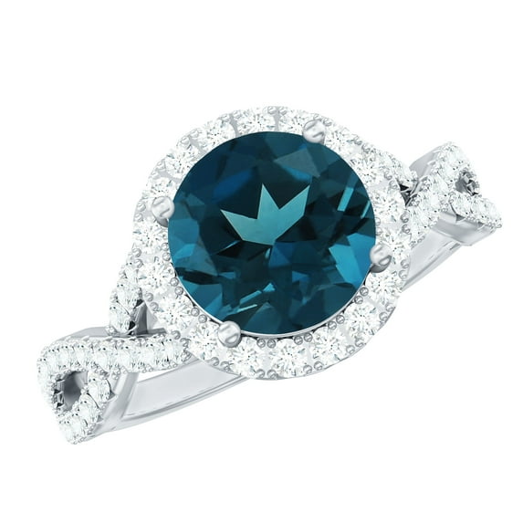 Rosec Jewels Real London Blue Topaz Diamond Engagement Ring with Halo - Designer Ring - AAA Quality - with Jewelry Box, 14K White Gold, US 4.00