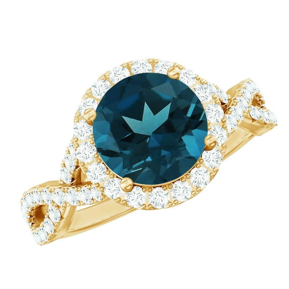 Rosec Jewels Real London Blue Topaz Diamond Engagement Ring with Halo - Designer Ring - AAA Quality - with Jewelry Box, 18K Yellow Gold, US 7.00