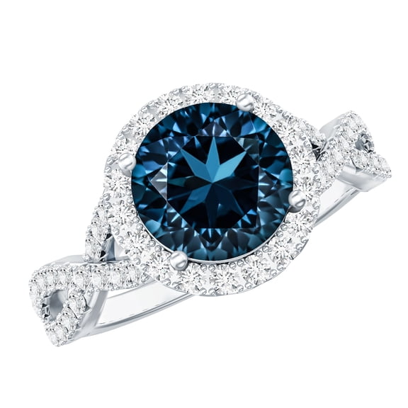Rosec Jewels Real London Blue Topaz Diamond Engagement Ring with Halo - Designer Ring - AAA Quality - with Jewelry Box, 925 Sterling Silver, US 4.00