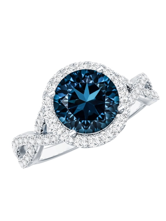 Real London Blue Topaz Diamond Engagement Ring with Halo - Designer Ring - AAA Quality - with Jewelry Box, 925 Sterling Silver, US 7.50