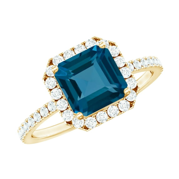 Rosec Jewels London Blue Topaz Halo Engagement Ring with Diamond - Asscher Cut Ring - AAA Grade Certified - With Jewelry Box, 10K Yellow Gold, US 9.50