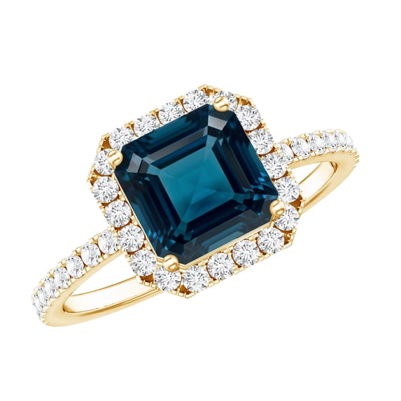 Rosec Jewels London Blue Topaz Halo Engagement Ring with Diamond - Asscher Cut Ring - AAA Grade Certified - With Jewelry Box, 18K Yellow Gold, US 3.00