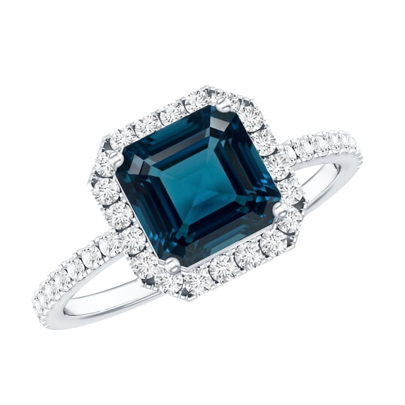 Rosec Jewels London Blue Topaz Halo Engagement Ring with Diamond - Asscher Cut Ring - AAA Grade Certified - With Jewelry Box, 925 Sterling Silver, US 4.00