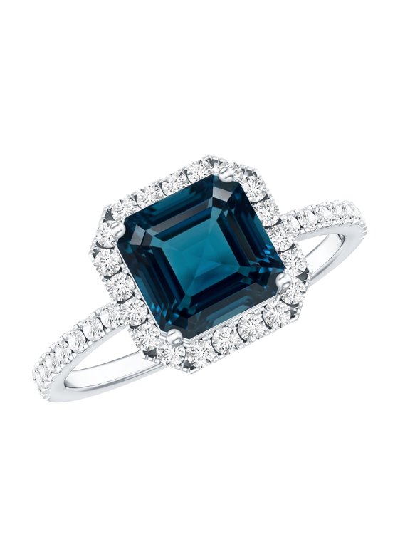 London Blue Topaz Halo Engagement Ring with Diamond - Asscher Cut Ring - AAA Grade Certified - With Jewelry Box, 925 Sterling Silver, US 4.00