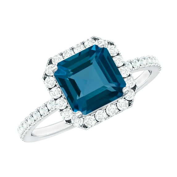 Rosec Jewels London Blue Topaz Halo Engagement Ring with Diamond - Asscher Cut Ring - AAA Grade Certified - With Jewelry Box, 925 Sterling Silver, US 8.00