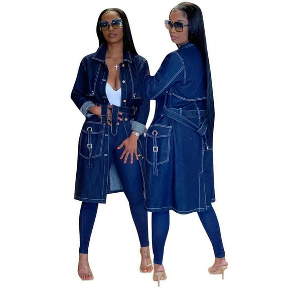 Classic Long Denim Trench Coat with Belt (XL, DenimBlue)