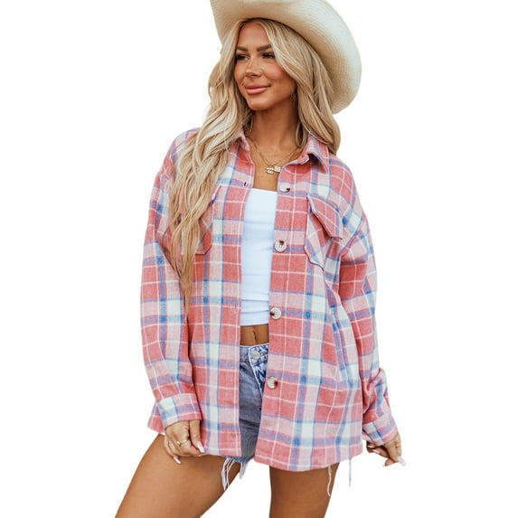 Classic Long Sleeve Plaid Shacket - Pink Color for Fall & Autumn [ZhiHiMeRi] | (US 8-10)M