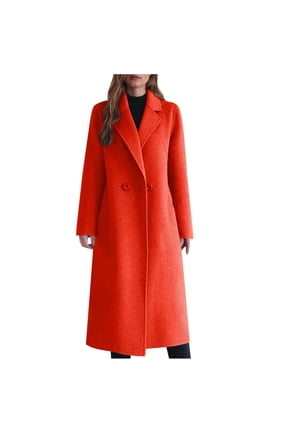 Classic Long Trench Coat for Women 2-button Wool Blend Jacket Notch Lapel Collar Knee Length Peacoat Overcoat (3XL, Orange)