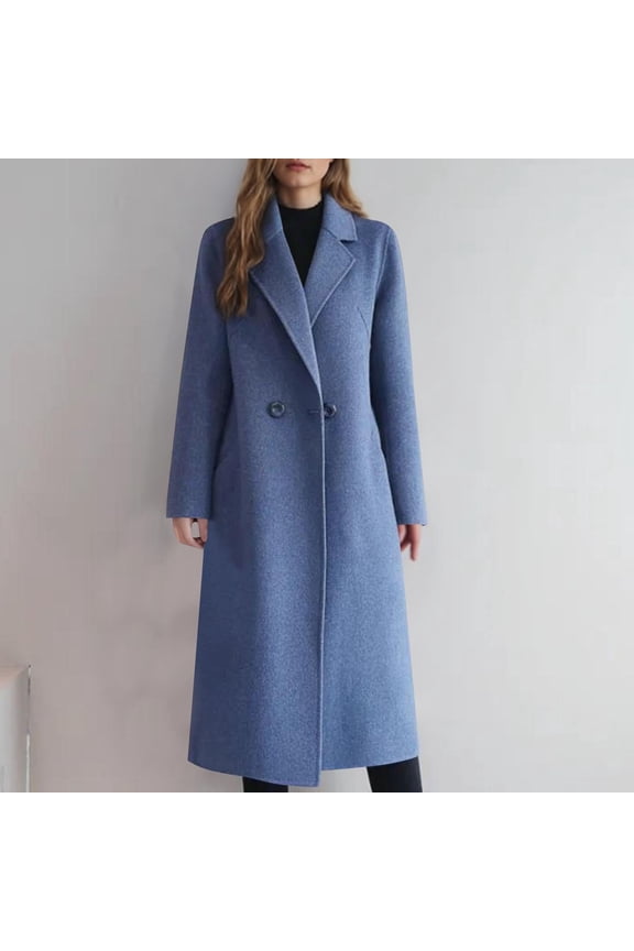 Classic Long Trench Coat for Women 2-button Wool Blend Jacket Notch Lapel Collar Knee Length Peacoat Overcoat (M, Blue)