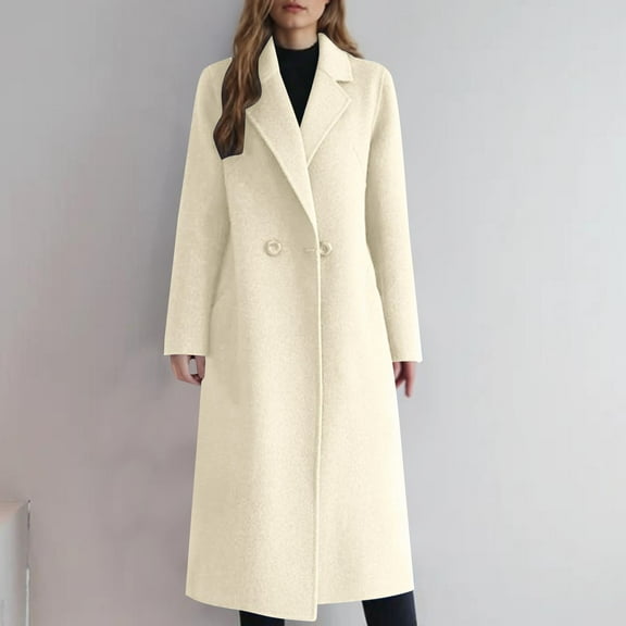 Classic Long Trench Coat for Women 2-button Wool Blend Jacket Notch Lapel Collar Knee Length Peacoat Overcoat (XS, Beige)