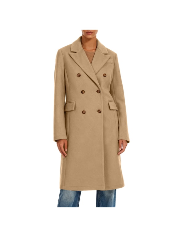 Classic Long Trench Coat for Women Double Breasted Wool Blend Jacket Pea Coat Notch Collar Mid Length Overcoat (L, Khaki)