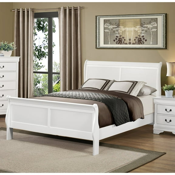 Classic Louis Philippe Style White Full Size Sleigh Bed Frame - Solid Wood & Engineered Wood, 56.25"W x 84.5"L Bedroom Furniture, Traditional Design, Box Spring Required