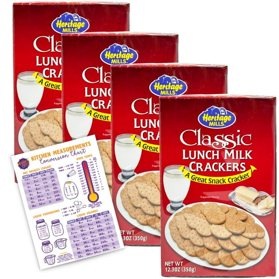 Classic Lunch Milk Crackers ZS23 Bundle with - (4) 12.3oz Boxes of Heritage Mills Milk Crackers and (1) Wyked Yummy Kitchen Conversion Chart Magnet
