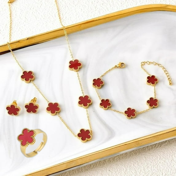 Classic Luxury 4pcs Stainless Steel Bracelet Necklace Earrings Ring Five Leaf Flower Jewelry Set for Women Party Jewelry Clover