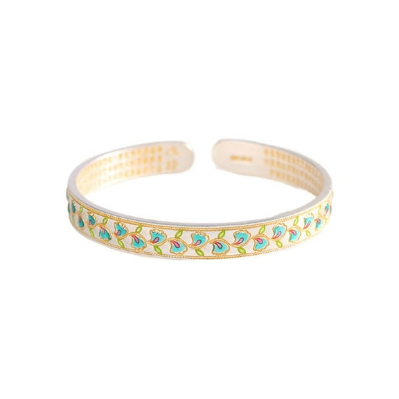 Classic Luxury Women's 999 Sterling Silver Auspicious Open Cuff Bangle Bracelet - High-Quality Material, Enameling Traditional Handicraft, Perfect Accessory For Date, Birthday