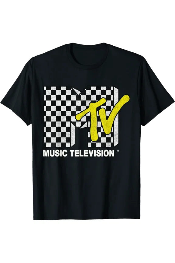 Classic MTV Logo Distressed Checkered Print T-Shirt