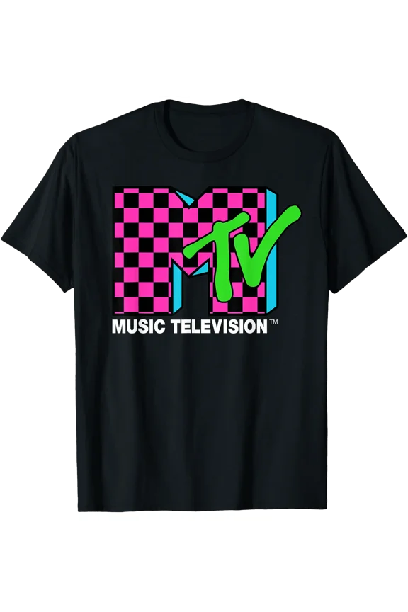 Classic MTV Logo Pink and Blue Checker Design T-Shirt