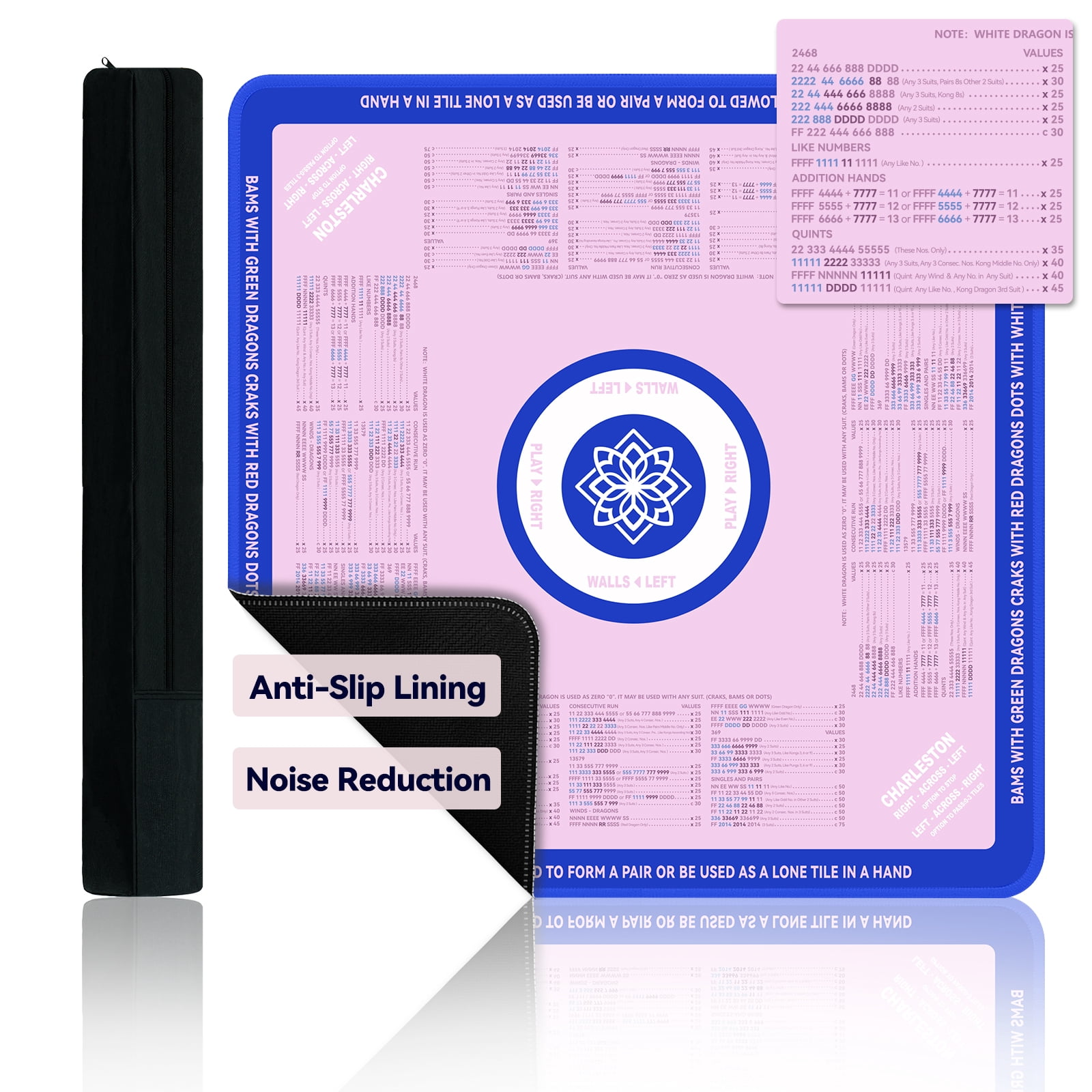 Classic Mahjong Game Mat | 32x32 Inch Non-Slip, Noise-Reducing Mat with Official Rules for Easy Learning | Portable Multi-Game Surface for Poker, Tiles, Dominoes & Cards (Pink & Blue)
