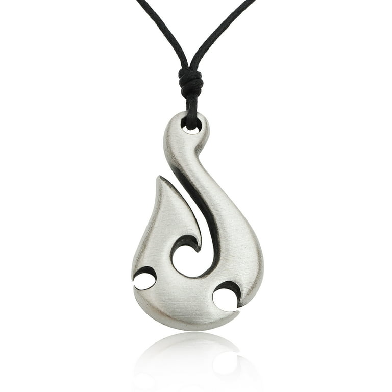 Classic Maori Fishing Hook Silver Pewter Charm Necklace Pendant Jewelry  With Cotton Cord 