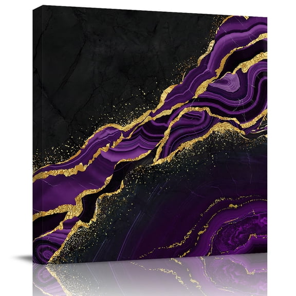 Classic Marble Texture Pattern Canvas Artwork Painting Art, Purple Black Gold Square Framed Wall Decorations Prints Picture for Bedroom Kitchen Living Room, 12x12 in