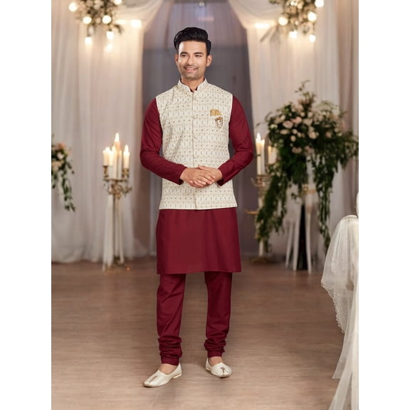 Classic Maroon, Traditional Cotton Kurta Pajama Set with Elegant Jacket