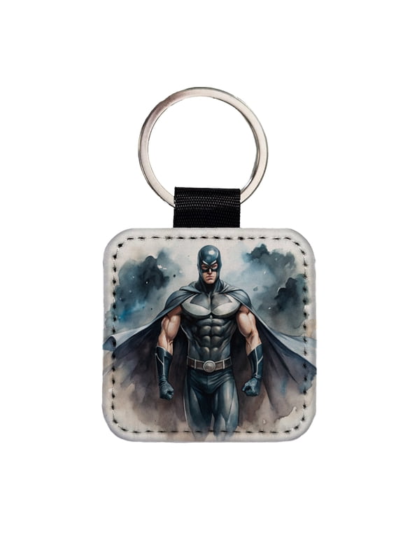 Classic Masked Superhero With Black Costume Watercolor Faux Leather Square Keychain
