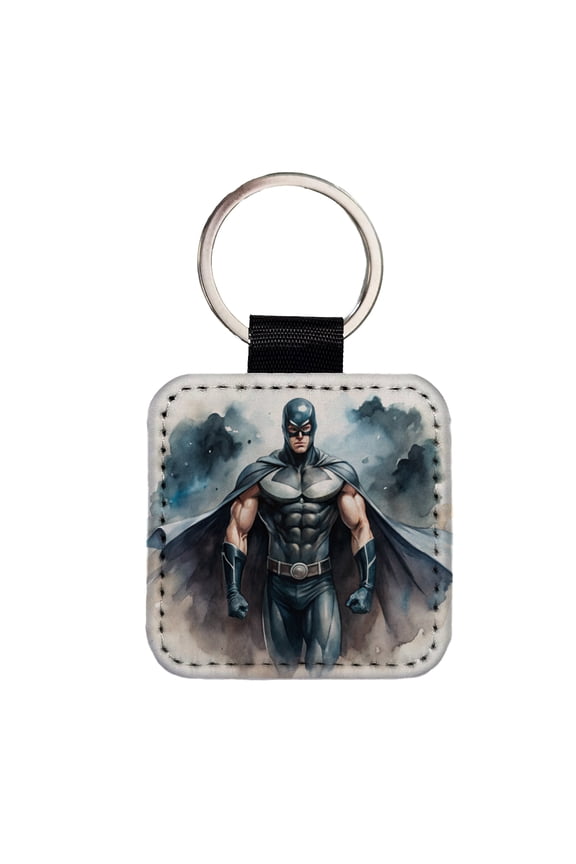 Classic Masked Superhero With Black Costume Watercolor Faux Leather Square Keychain