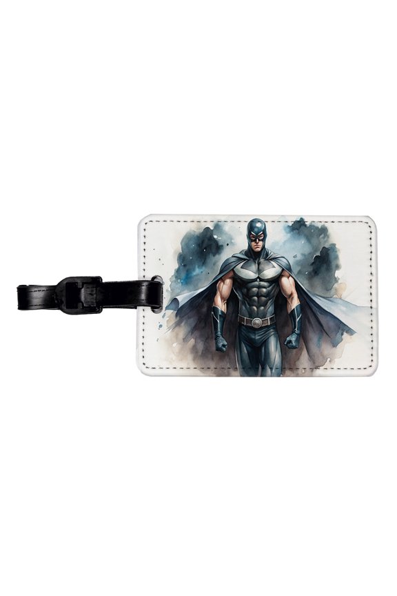 Classic Masked Superhero With Black Costume Watercolor Faux Leather Travel Luggage Tag