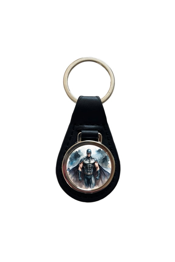 Classic Masked Superhero With Black Costume Watercolor Metal Black Leather Keychain