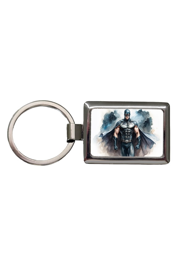 Classic Masked Superhero With Black Costume Watercolor Metal Rectangle Keychain