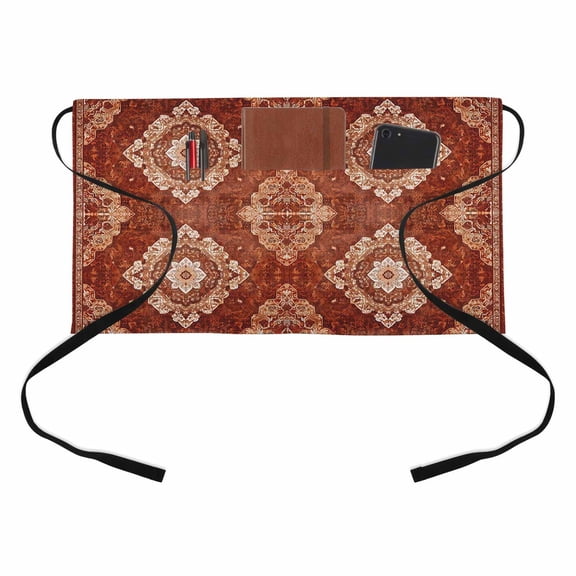 Classic Medieval Kitchen Restaurant Half Waist Apron, Retro Patterns Server Short Apron with 3 Pockets Waterproof Oil Waist Aprons for Women Waitress Waiter